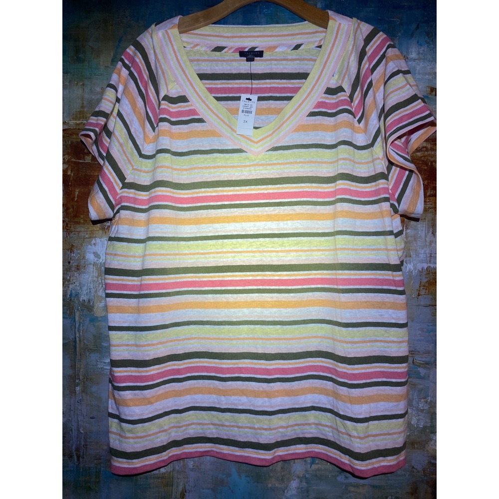 Talbots Plus Size 2X Linen Blend V-Neck Striped Short Sleeve Top Multi-Color NEW